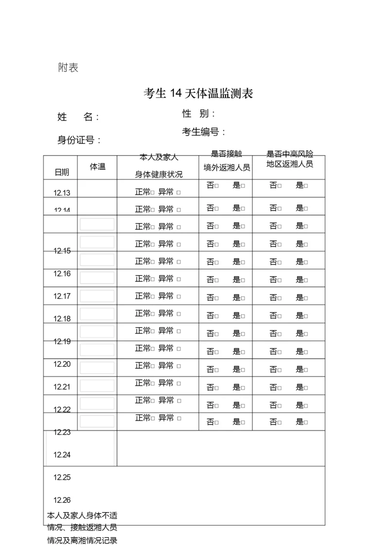 硕士生招生考试疫情防控考生体温表研究生考试考生14天体温表.docx