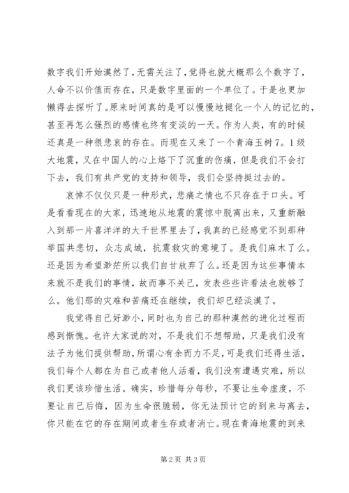 党员青海抗震救灾思想汇报.docx