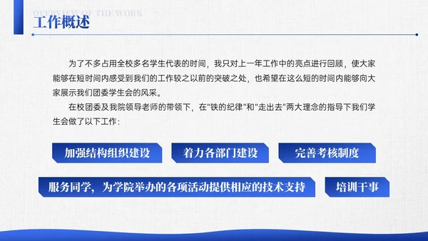 深蓝色简约线条学生会述职报告PPT模板