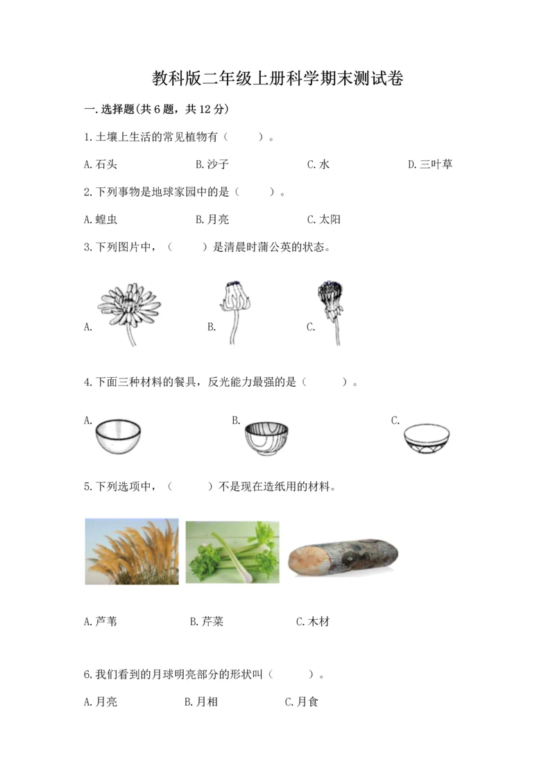 教科版二年级上册科学期末测试卷精品（完整版）.docx