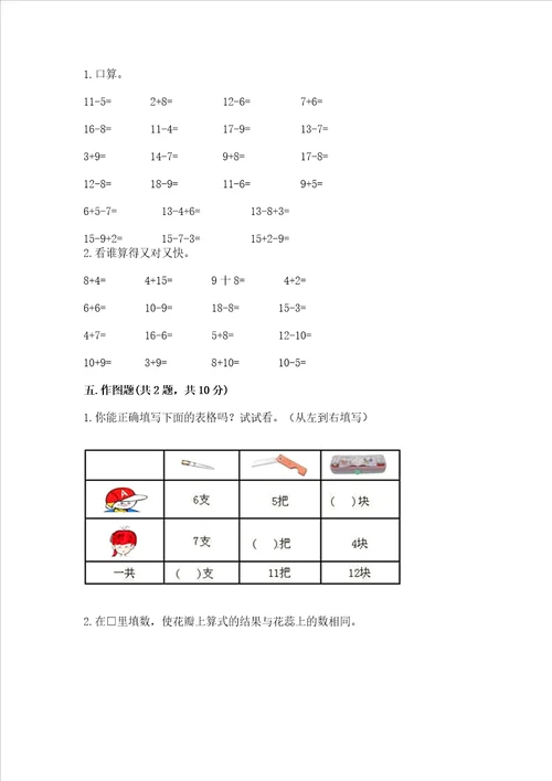 冀教版一年级上册数学第九单元 20以内的减法 测试卷及参考答案精练