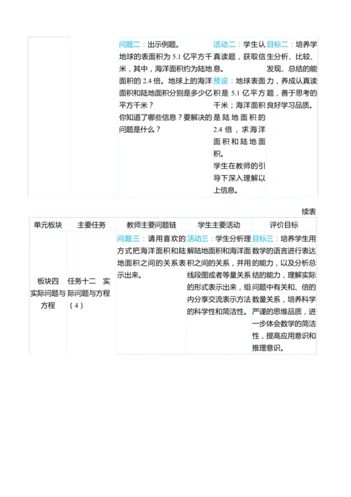 （大单元整体教学）第五单元 简易方程 单元分析（表格式）教学设计 人教版 五年级上册数学