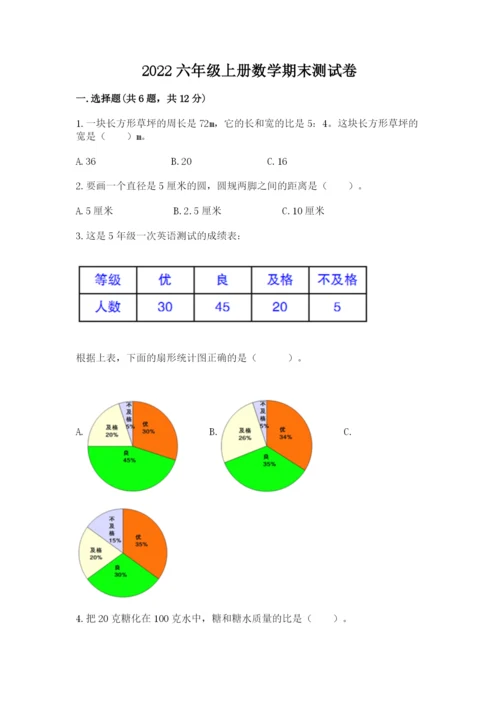 2022六年级上册数学期末测试卷含答案（黄金题型）.docx