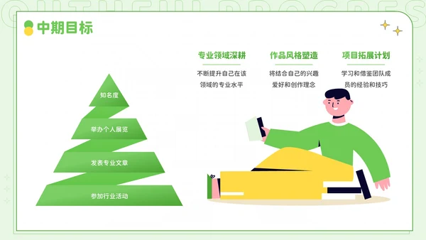 绿色插画风青春奋进职达高峰：插画师个人简历PPT模板