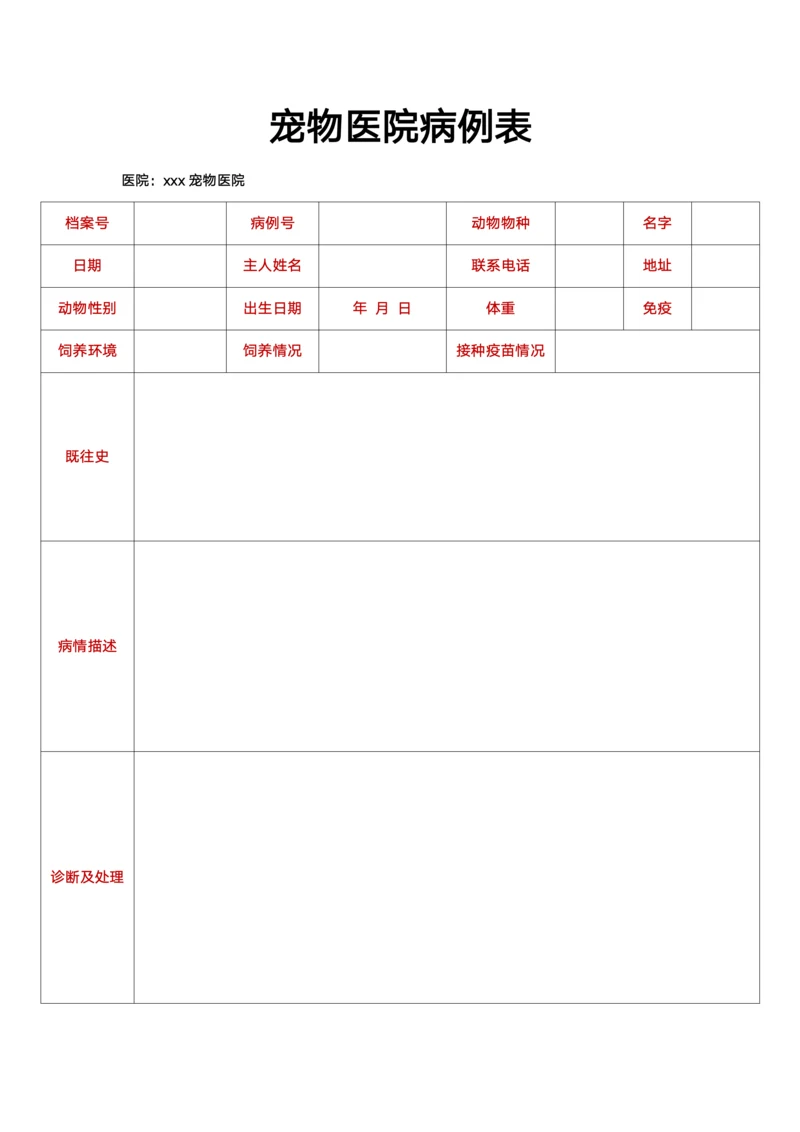 宠物医院病例表