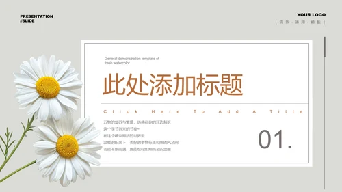 灰色小清新风雏菊总结汇报通用PPT演示模板