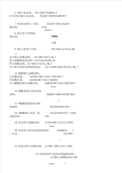 高一化学必修一方程式默写及参考答案