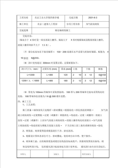 填充墙砌筑施工技术交底