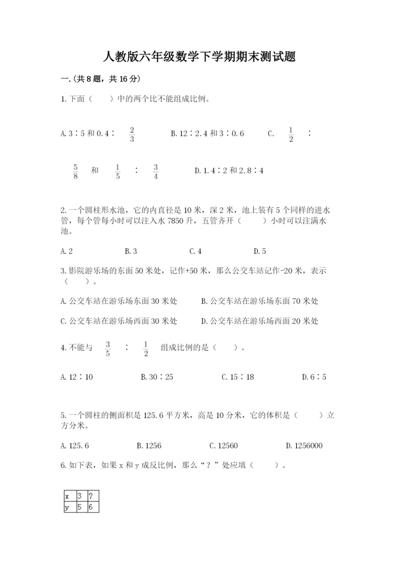 人教版六年级数学下学期期末测试题及参考答案.docx