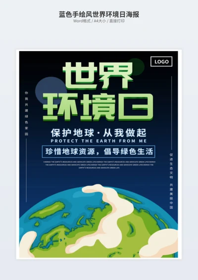 蓝色手绘风世界环境日海报