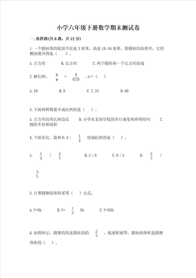 小学六年级下册数学期末测试卷含答案精练