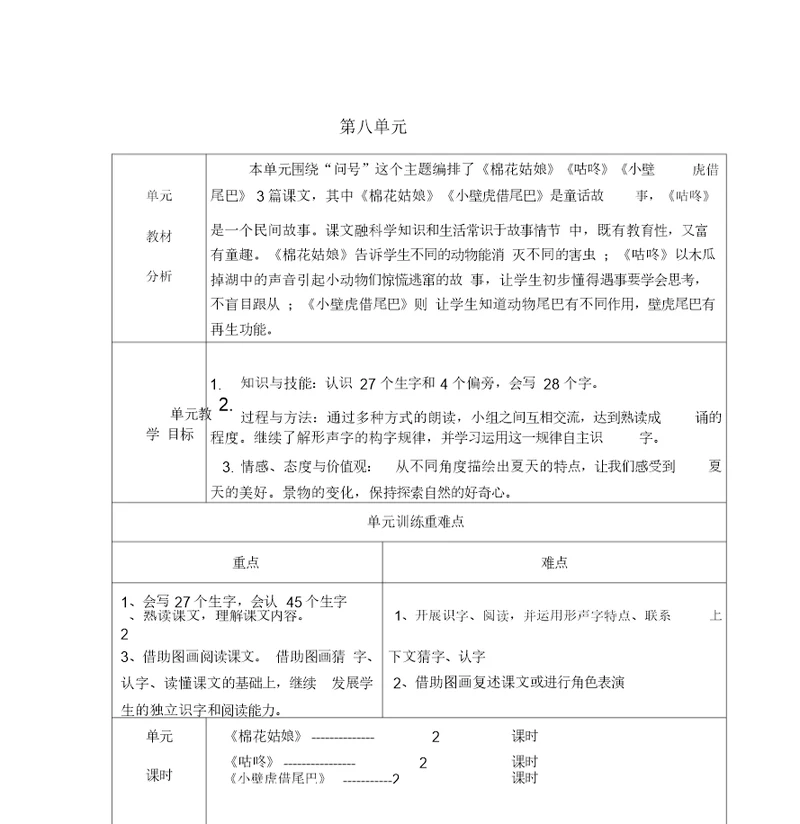 部编一年级语文下册第八单元教学设计