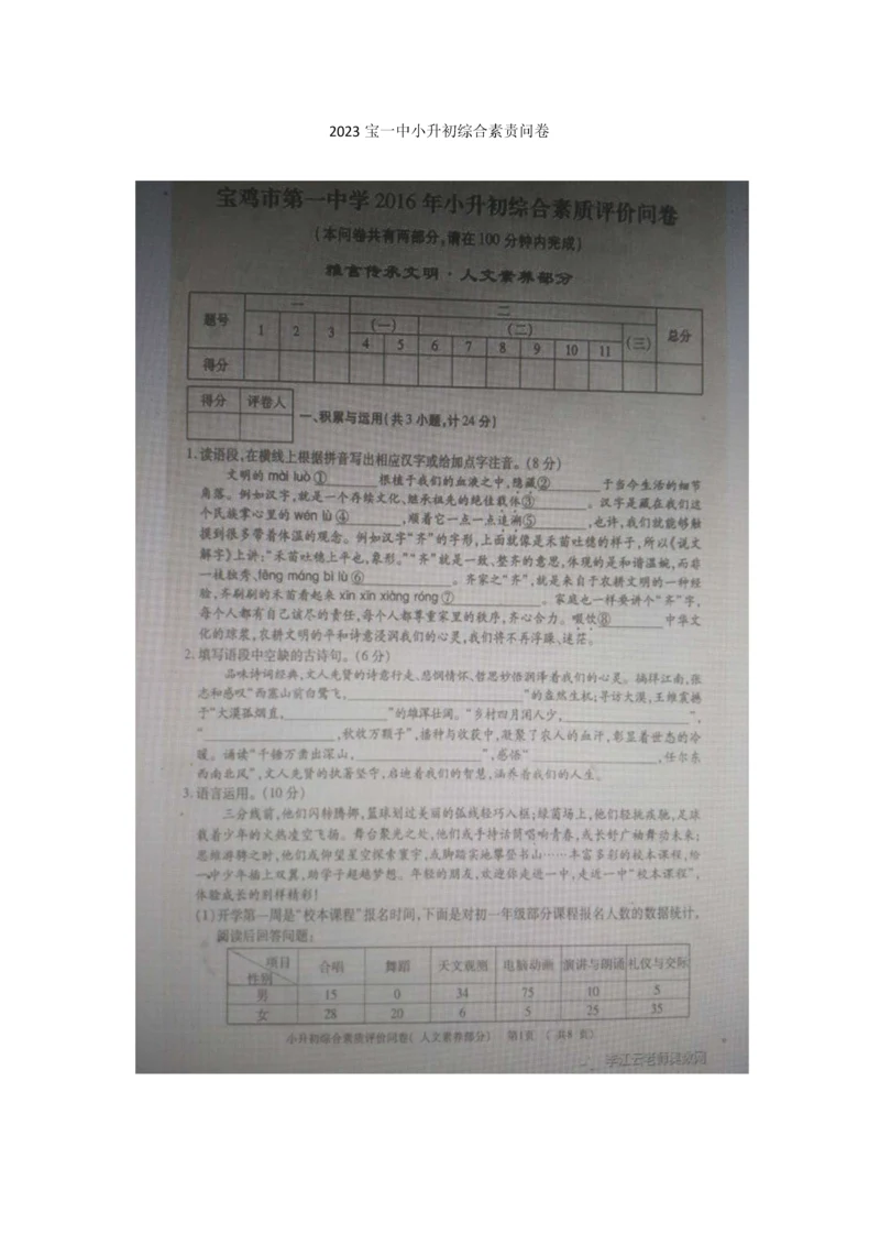 2023年宝一中小升初综合素质问卷.docx