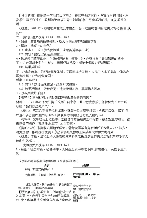 人民版高中历史必修二73《苏联社会主义改革与挫折》优质教学设计