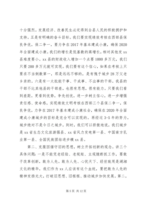 县委书记在全县解放思想座谈会上的讲话.docx