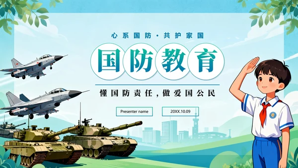 绿色渐变手绘插画风国家安全教育国防教育PPT模板
