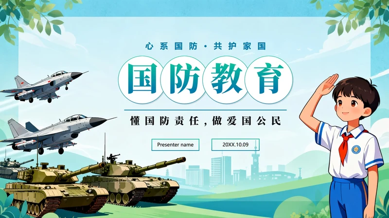 绿色渐变手绘插画风国家安全教育国防教育PPT模板