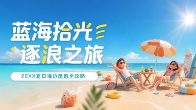 蓝色3D立体风夏日海边度假全攻略PPT模版