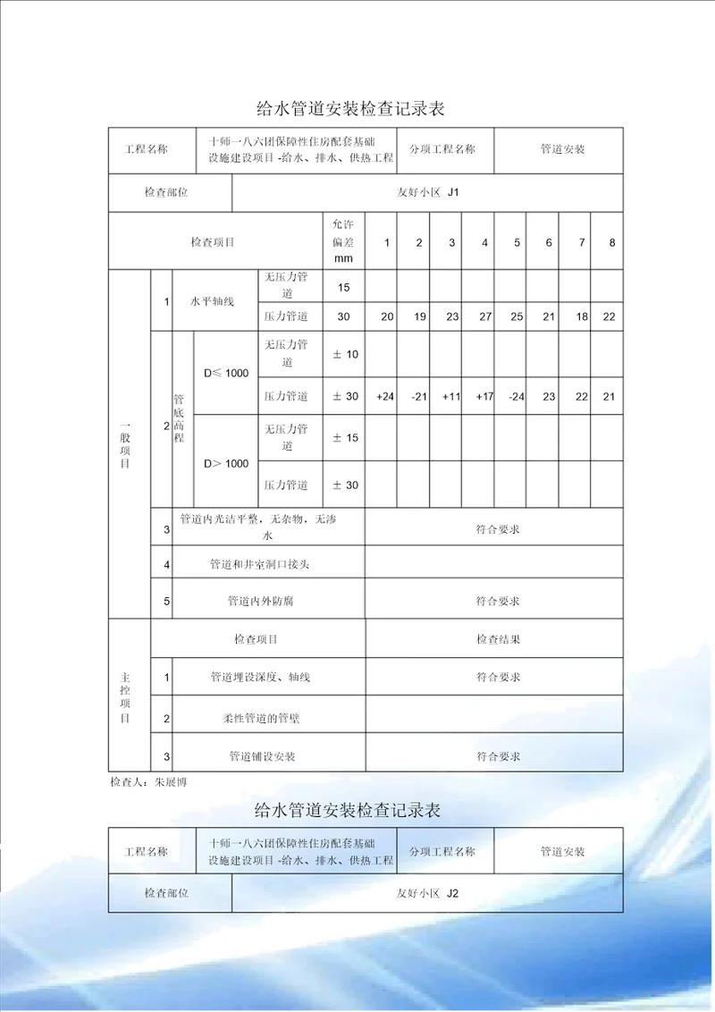 给水管道安装检查记录表