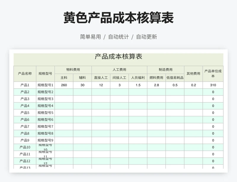 黄色产品成本核算表