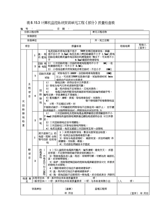 计算机监控系统单元工程安装质量验收评定表