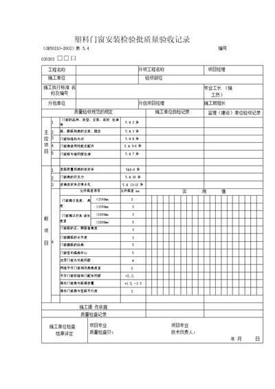 塑料门窗安装检验批质量验收记录