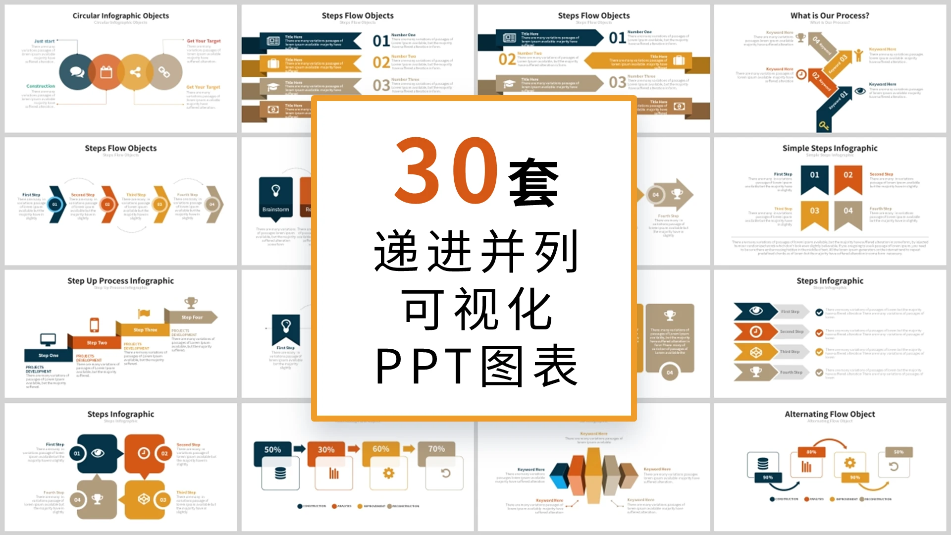 多彩商务并列递进可视化PPT图表合集模板