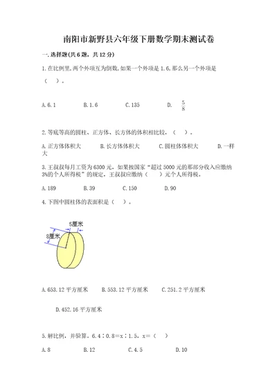 南阳市新野县六年级下册数学期末测试卷及参考答案1套