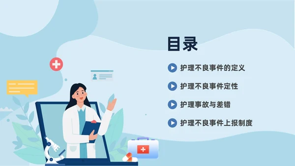 蓝色商务简约插画风医疗护理不良事件报告制度ppt