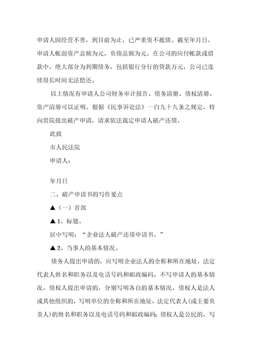 企业破产申请书范本