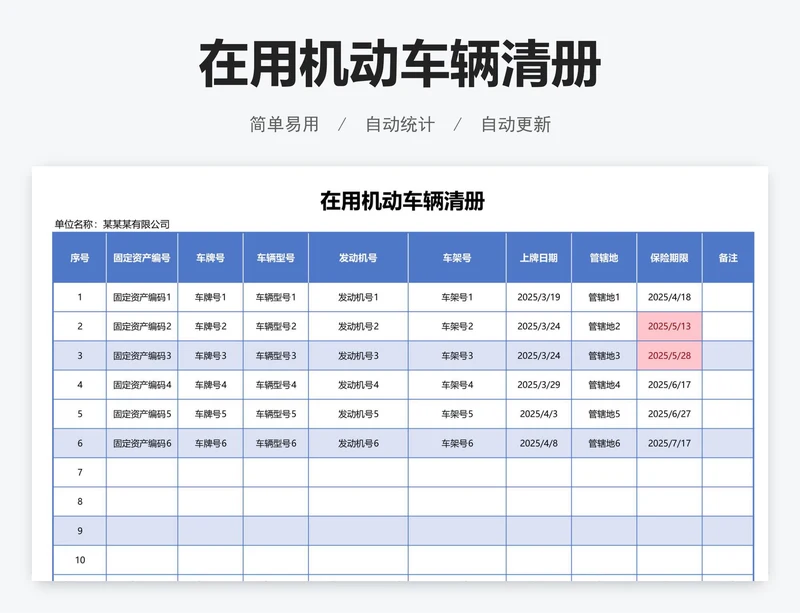 在用机动车辆清册