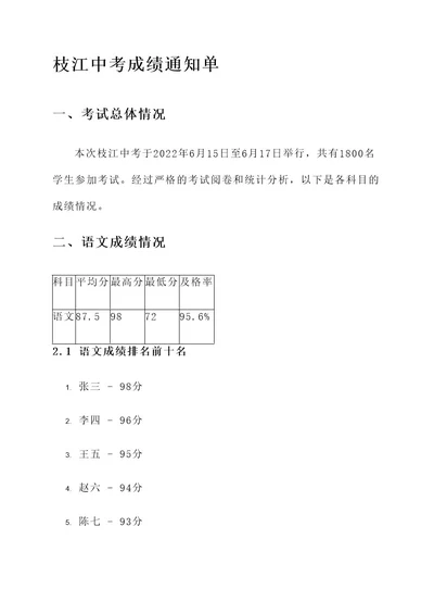 枝江中考成绩通知单