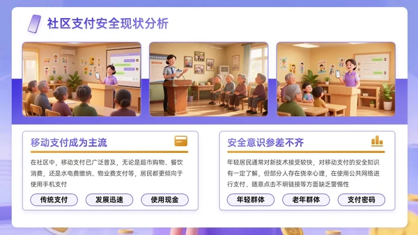 紫黄色3D关于社区安全支付反诈宣传主题PPT模板