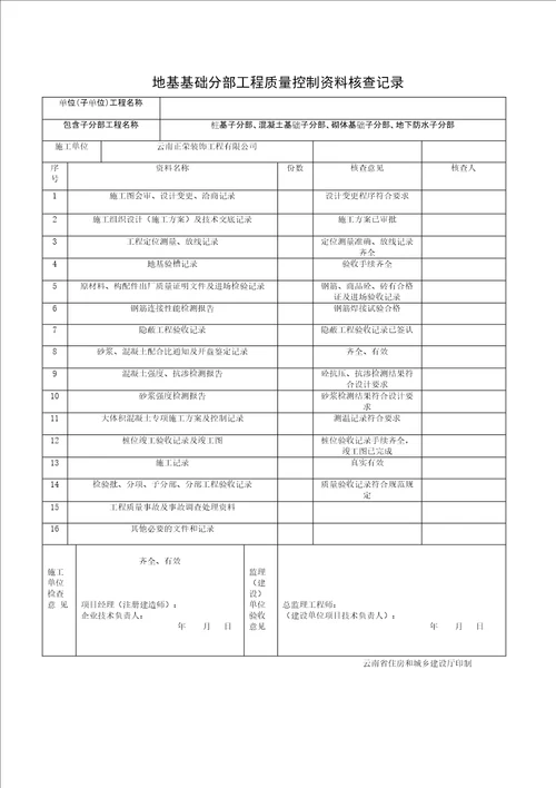 地基基础分部工程质量控制资料核查记录