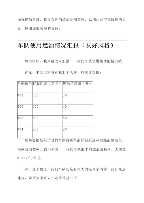 车队使用燃油情况汇报