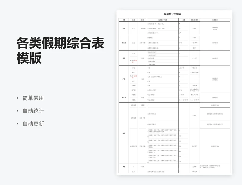 各类假期综合表模版