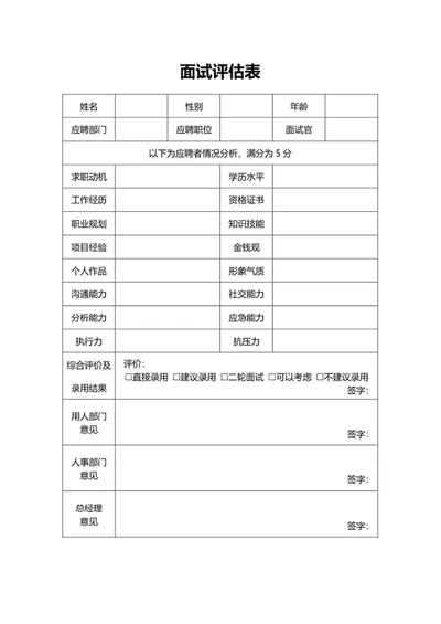 企业面试评估表word模板