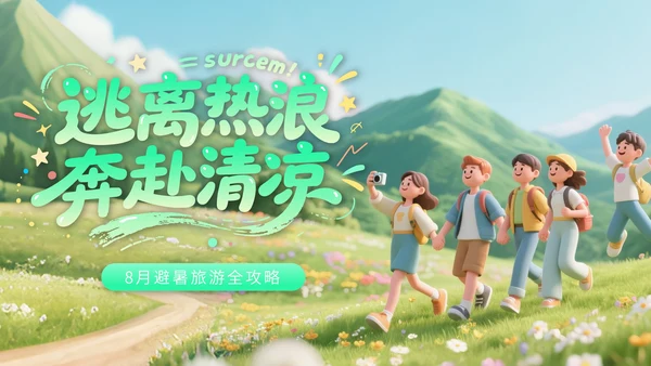 浅绿色3D风格8月旅游攻略