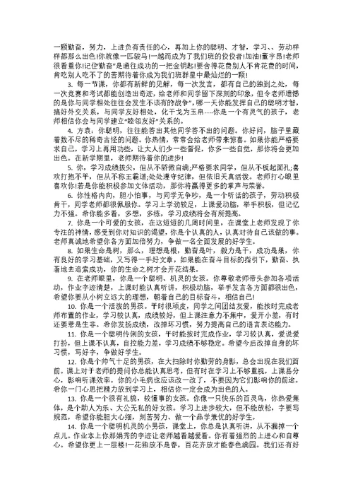 班主任对学生评语