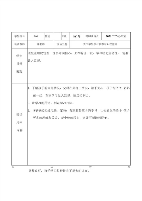 2022年实验小学教师班主任老师与学生“一对一谈心谈话记录表学习状态与心理健康6份