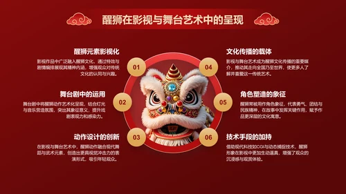 红色国潮风醒狮文化的起源与发展PPT模板