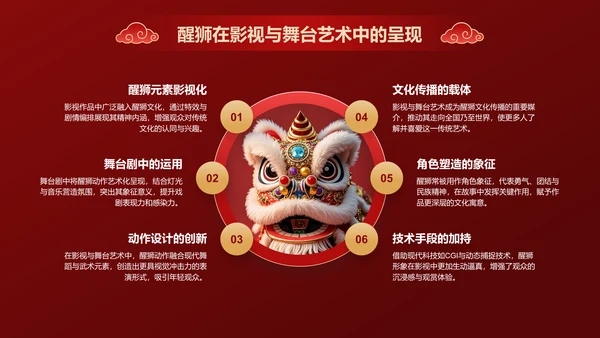 红色国潮风醒狮文化的起源与发展PPT模板