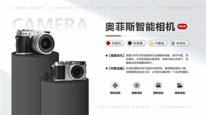 灰色实景商务风相机产品介绍正文页PPT单页
