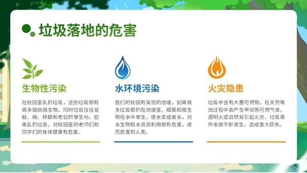 绿色小清新插画简约垃圾不落地校园更美丽主题班会PPT模板