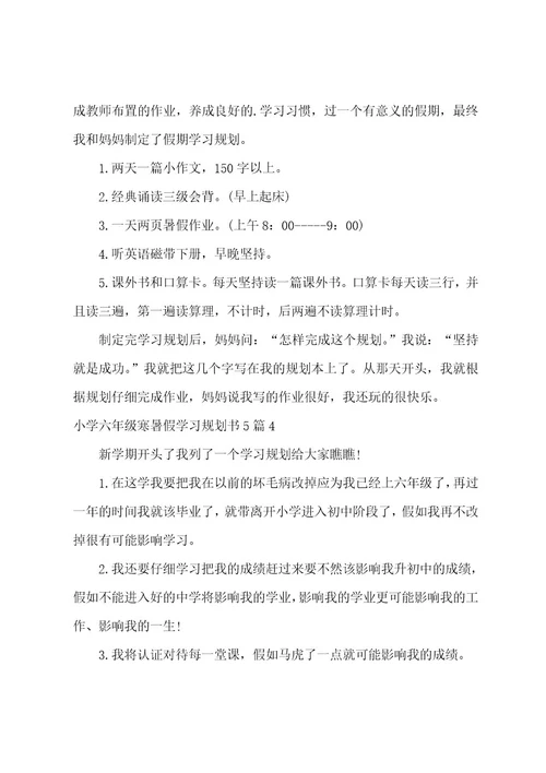 小学六年级寒暑假学习计划书5篇