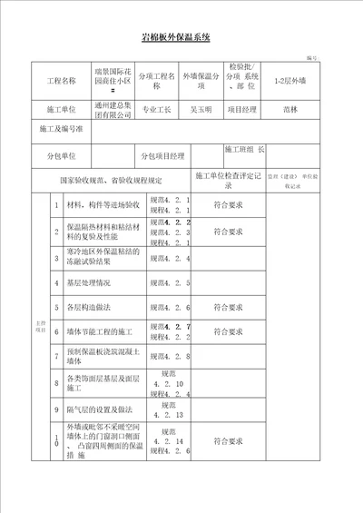 岩棉板外保温系统墙体节能工程检验批