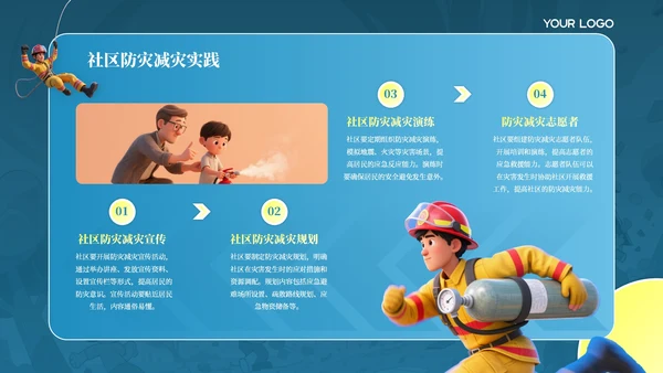 蓝色卡通插画风防灾减灾意识主题班会PPT模板