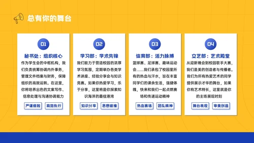 黄蓝色插画风大学生学生会招新宣讲PPT模板