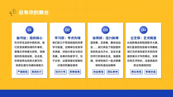 黄蓝色插画风大学生学生会招新宣讲PPT模板