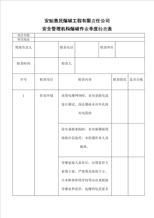 爆破作业现场安全检查表